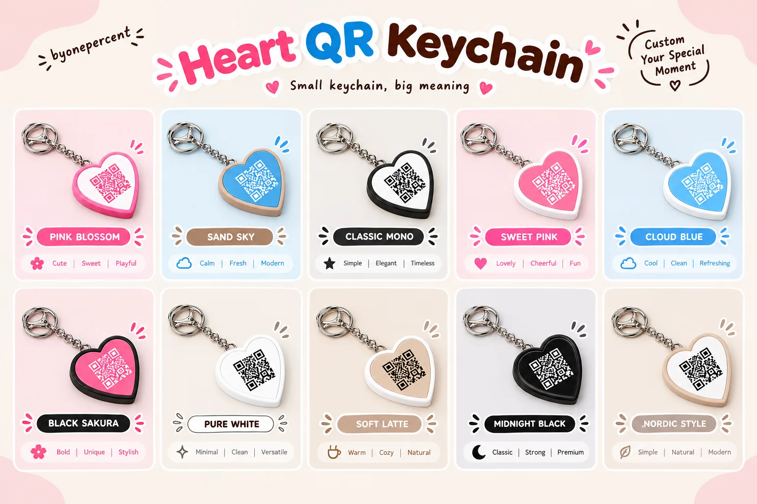 Heart QR Keychain byonepercent dalam 10 pilihan warna, dari Pink Blossom sampai Midnight Black